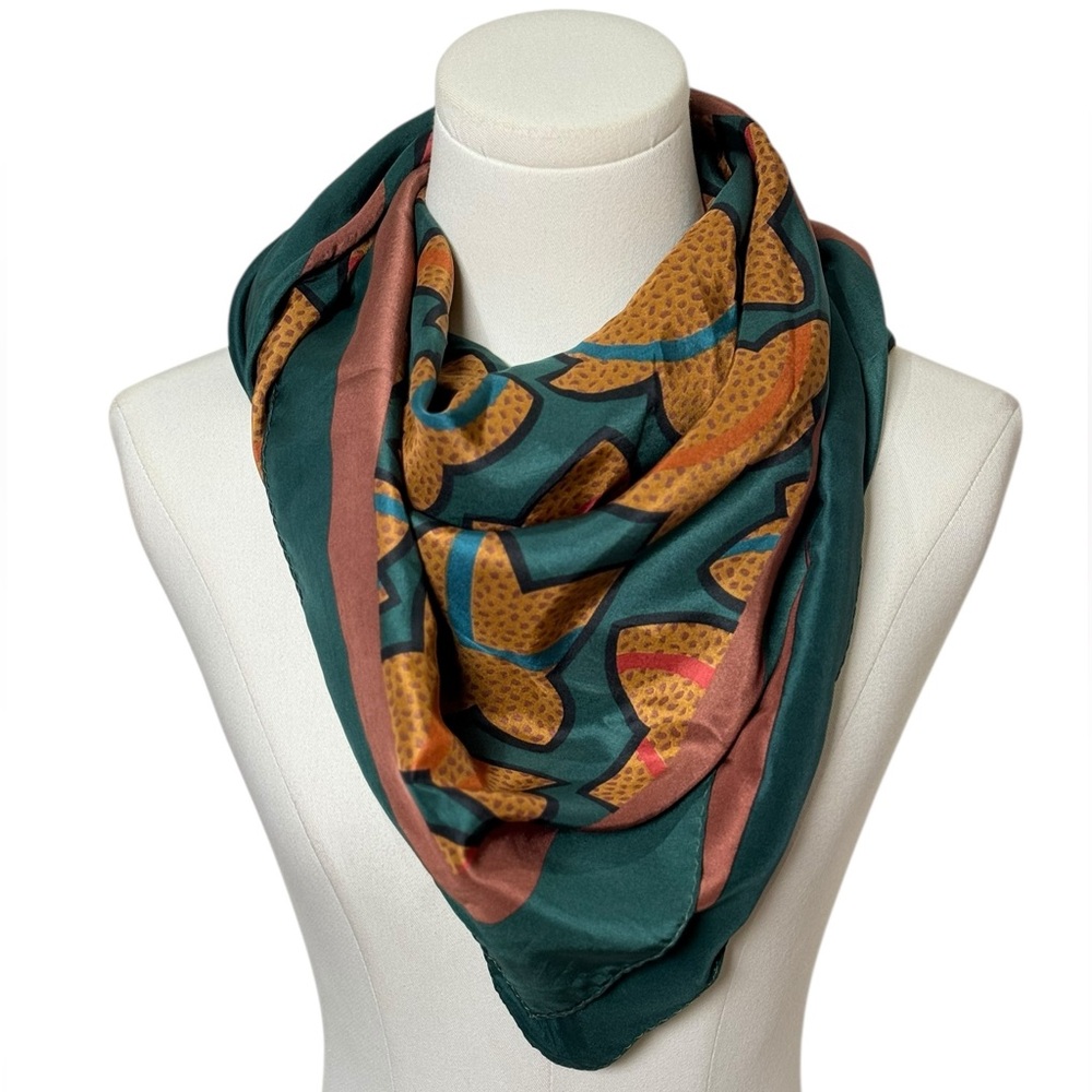 Christian Dior Vintage Abstract Autumn Leaves Silk Scarf in Teal - Picture 2 of 7